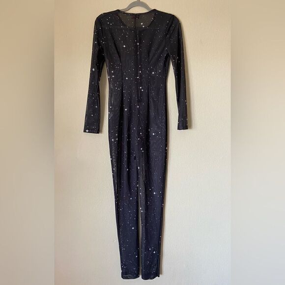 Recious One Blue Jumpsuit Long Sleeve V Neck Zipper Printed Mesh Size M - Picture 9 of 10